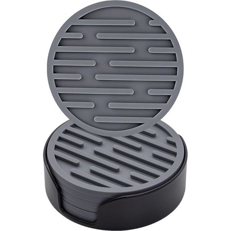 Lot de 6 dessous de verre ronds antidérapants en silicone avec support pour tasses, table, café, bar, boissons, dessous de verre (gris) (1/5)