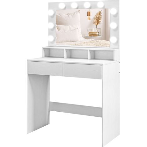 Coiffeuse blanche avec miroir éclairé 3 options éclairage 10 ampoules tiroirs