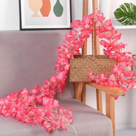 Guirlande de fleurs de cerisier artificielles de 1,8 m (256 tiges) pour décorer la maison, la chambre, un mariage ou une fête au printemps (rose rouge).