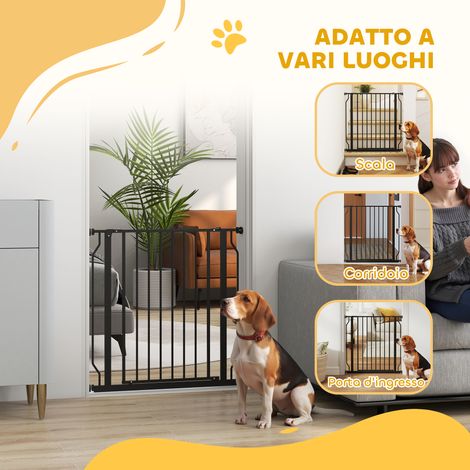 Barrière extensible réglable pour chien, 75-85x76 cm, acier et ABS noir, idéale pour escaliers et portes.
