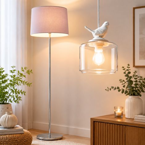 Conjunto de iluminación original (2 piezas): lámpara colgante con forma de pájaro y lámpara de pie con pantalla de tela (1/5)