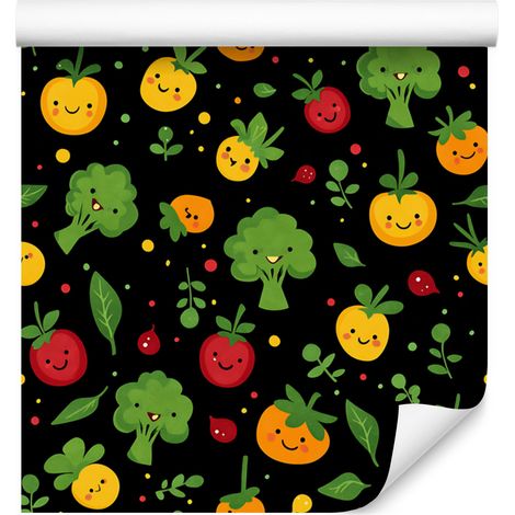 Papel pintado Kawaii con diseño de verduras en negro, verde botella y dorado, 50x1000 cm. (1/4)