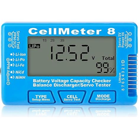 Testeur de capacité de batterie numérique RC Cellmeter 8contrôleur et testeur de tension pour batteries Li-IonNiMH et Ni Blue. (1/5)