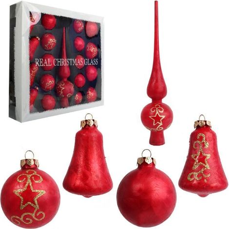 Elegante set di 18 palline di vetro rosse con puntale per decorazioni dell'albero di Natale. (1/5)