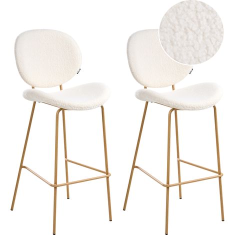 Conjunto de 2 sillas de bar bouclé patas hierro imitación madera tapas sin reposabrazos diseño retro asientos comedor blanco Luana