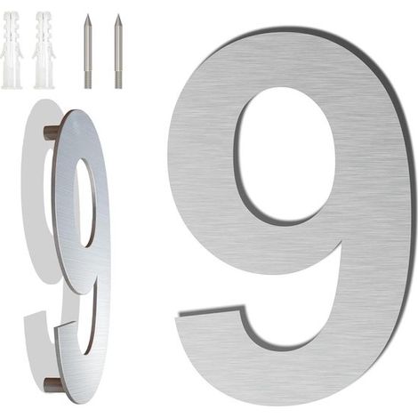 Hausnummer aus Edelstahl，25,4 cm，Nummer 9，Schwebende Hausnummer，Hausnummer aus Metall，Hausnummer für den Außenbereich，3D-Hausnummer，Silber (1/5)