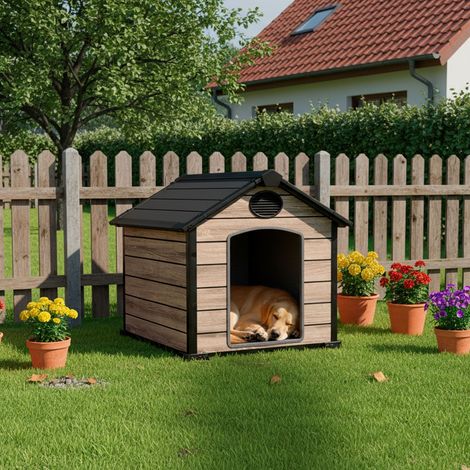 Hoggar - Hundehütte für den Außenbereich Oak O10 - 102x115x100cm - Boden inklusive - 2 Belüftungsöffnungen - UV-Schutz & wasserdicht – Holzoptik – Innenhaus aus Harz für Haustiere (1/4)