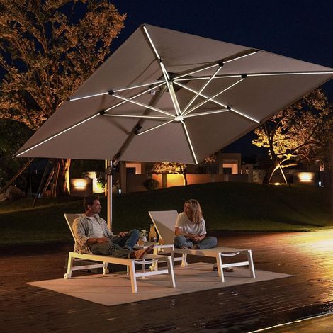 PURPLE LEAF parasol déporté carré 3,65 × 3,65 m, rotation 360°, double toit ventilé, panneau solaire intégré, 8 baleines LED en aluminium, pour jardin, cour et piscine, beige (1/5)