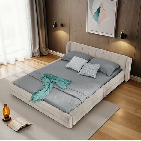 Lit adulte 140x200 capitonné beige chenille OKMYHOME (1/5)