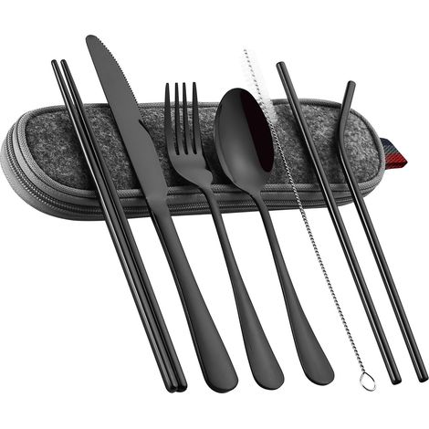 Ensemble de couverts de voyage portables en acier inoxydable 8 pièces avec étui : baguettes, couteau, fourchette, cuillère, pailles et brosse de nettoyage.