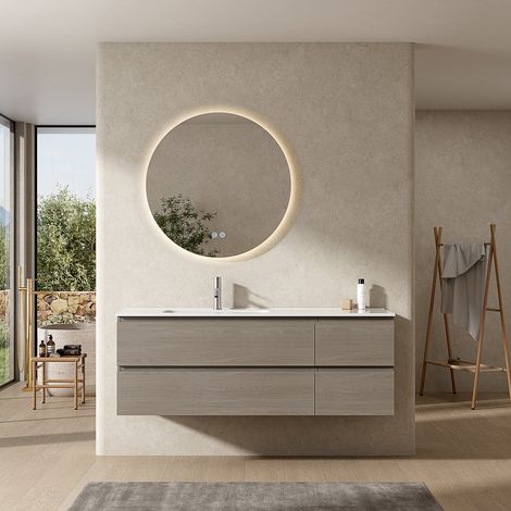 Mobile bagno sospeso 140 cm Beige Lavabo a Sinistra in Resina Specchio Tondo Retroilluminato - Fiji Wood (1/4)