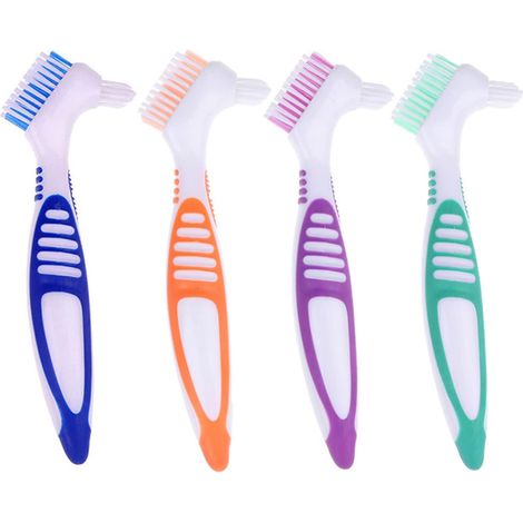 Lot de 4 brosses de nettoyage de prothèses portables avec poils multicouches, brosse double face pour le nettoyage des fausses dents - 4 couleurs (1/5)