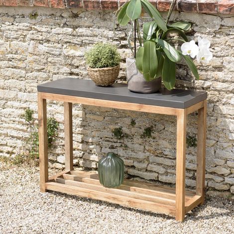 HECTOR - Console rect. double plateau effet béton foncé et bois acacia (1/5)