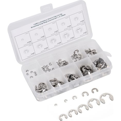 120 Pièces Rondelles Circlips Externes en Acier Inoxydable, Kit Assortiment 1.5mm‑10mm pour Réparation et Bricolage (1/5)