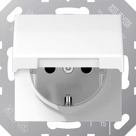 Jung SCHUKO Steckdose, 16 A 250 V , Klappdeckel, Thermoplast, Serie AS, alpinweiß AS1520BFKLWW (1/2)