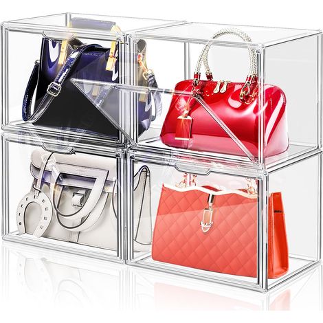 Lot de 4 boîtes de rangement en plastique transparent pour sac à main et sac à main, boîtes de rangement empilables avec porte magnétique pour pochette, portefeuille, jouets, chapeaux (1/5)
