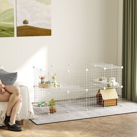 Gabbia per animali domestici, recinto, box per piccoli animali, modulare, 2 livelli, filo d'acciaio, 146x73x73 cm, bianco