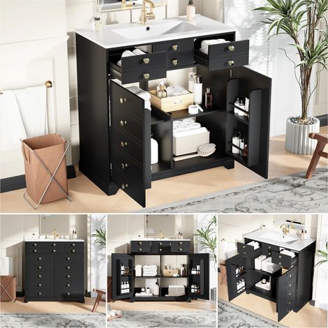 Badezimmerschrank Schwarz mit Gold, Waschtischunterschrank mit Keramikwaschbecken, Badschrank mit Schubladen & Schrank, moderner Badmöbel für Badezimmer