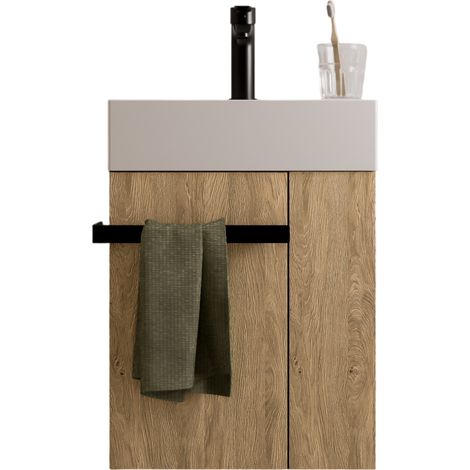 BERNSTEIN - Meuble vasque lave-main Chêne miel 45x35x50cm (LxPxH) 1 tiroir + rangement droite + poignée Noir mat - COMPACT450 (1/5)