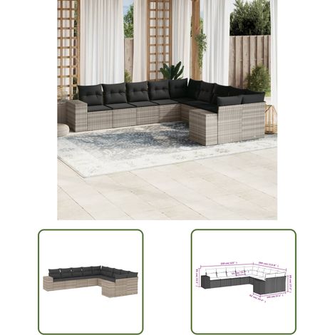 vidaXL Salon de jardin avec coussins 10 pcs gris clair résine tressée (1/3)