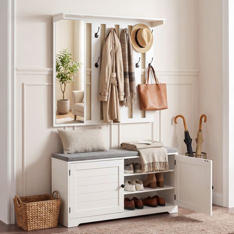 Portemanteau avec Banc à Chaussures et Miroir, 10 Crochets Doubles, Étagère Réglable, Banc de Rangement à Double Porte avec Coussin Amovible, Blanc (1/5)