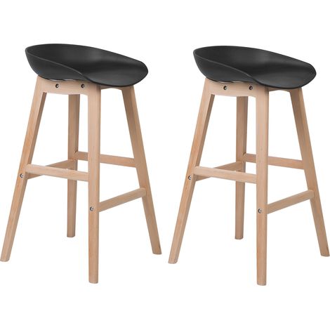 Juego de 2 taburetes de bar de madera clara y asiento de plástico negro 85 cm silla de mostrador Micco