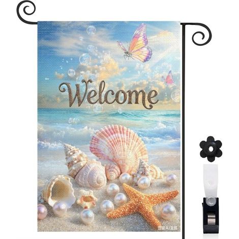 Drapeau de jardin 30 x 45 cm motif coquillages étoiles de mer et escargots toile double face extérieure (1/5)