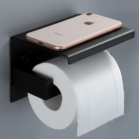 Porte Papier Toilette Mural Support Papier Toilette avec Etagère Acier Inox SUS 304, Auto-adhésif et fixé au mur (Noir) (1/4)