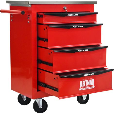 Carro portaherramientas multifunción de 4 cajones, ruedas, acero inox., rojo, MODENUIT (1/5)