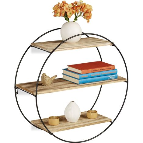 Étagère Murale Ronde 3 Tablettes Mur 3 étages déco, Bois métal, hexagonale, Vintage, Ø 50 cm, Noir/Nature (1/5)