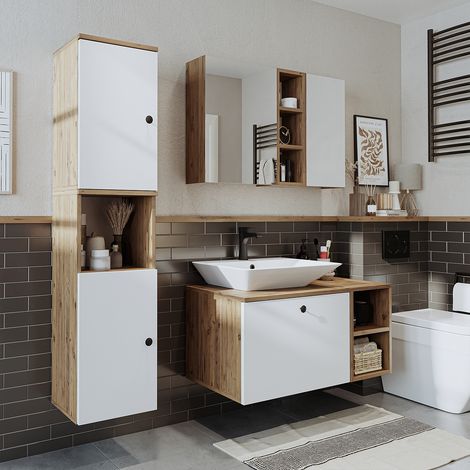 Roomart LOTUS-II-95 Bad-Set 4-tlg 95 cm breit, Weiß-Eiche