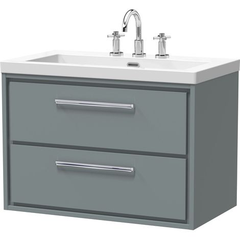 Balterley Longnor Modern Wall Hung 2-Drawer Bathroom Vanity with Fireclay Basin, Coastal Grey, 800mm
