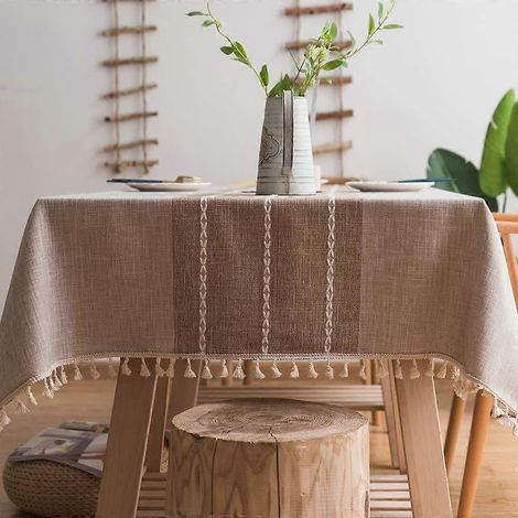 Nappe robuste en coton et lin pour tables rectangulaires, ornée d'une broderie à carreaux résistante. (140 x 250 cm, kaki) (1/5)