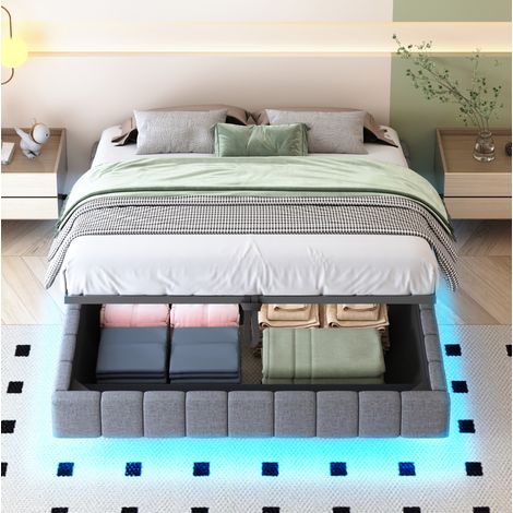 DESVIAE Lit double rembourré 160 x 200 cm avec rangement relevable éclairage LED cadre flottant en tissu gris structure en métal (1/5)