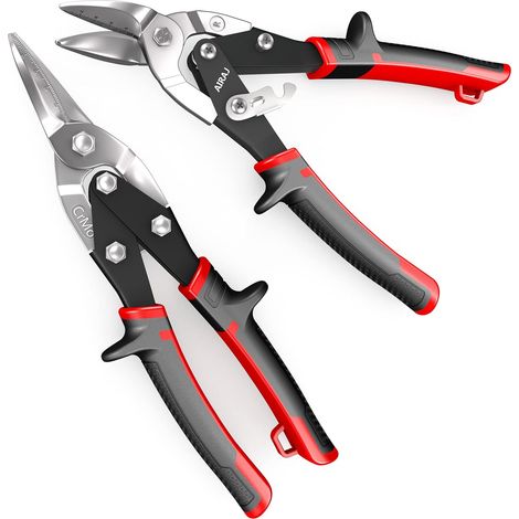 1 Set - Cisaille à Tôle - Cisaille Aviation - Coupe Droite et Courbe - Échelle de Mesure Intégrée - Pour Aluminium et Métal - Rouge et Jaune - 25cm (1/5)