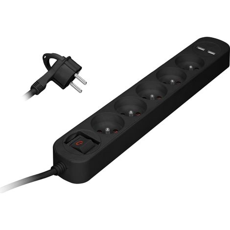 Multiprise à 5 prises - Noir - Protection contre les surtensions - Ports USB - Câble de 1,5 m