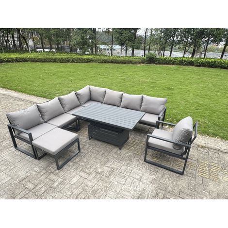 Fimous 9 Seater Aluminium Sofa Set 8 Pieces Outdoor Garden Furniture - Rising Dining Table with Cushions Chair Big Footstool Dark Grey (1/5)