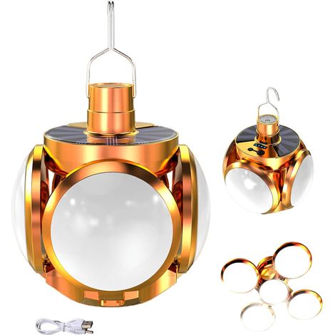 Lampe torche - Lumière de camping solaire multifonction - USB/solaire rechargeable, 5 modes d'éclairage, étanche, pliable, pour camping, caravane et urgence, LED portable, or - sans télécommande (1/5)