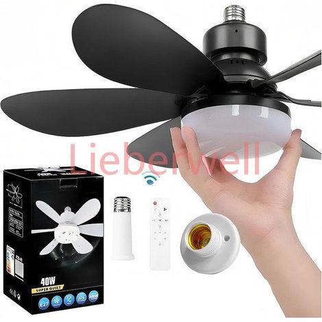 Ventilateur de Plafond avec Éclairage, 40W 52 cm, 6 Pales Noires, Tige d’Extension 95 mm, Base Incluse, Ventilateur Plafond,Noir