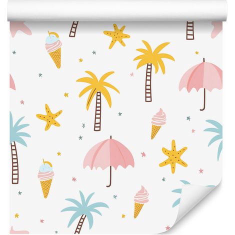 Carta da parati estiva bianca, crema, corallo e grigio chiaro 50x1000 cm (1/5)