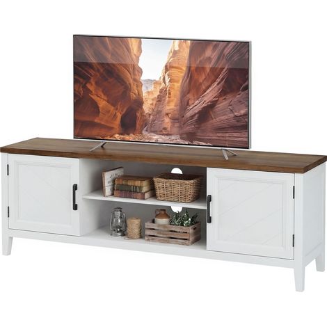 Meuble TV de 140 cm de haut, compatible avec les téléviseurs jusqu'à 65 pouces, avec 2 portes et 2 compartiments ouverts, blanc et marron.