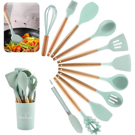 Lot de 12 Ustensiles de cuisine, Silicone et bois, Résistant chaleur, Lave-vaisselle, Cuisson quotidienne