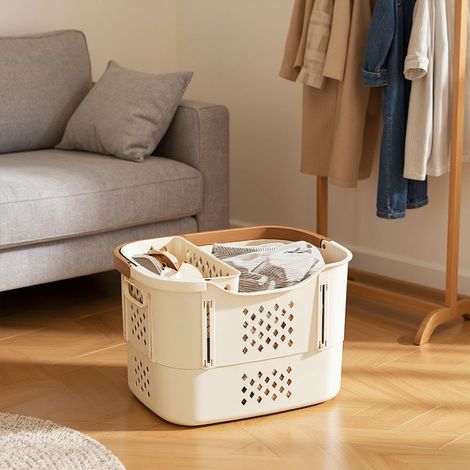 Creamy White Medium Household Bathroom Foldable Portable Laundry Basket (1/5)