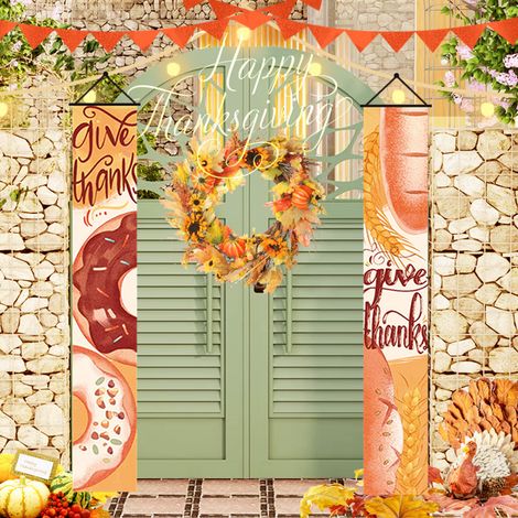 One Piece Thanksgiving Bannière Suspendue Automne Récolte Happy Thanksgiving Érable Orignal Citrouille Porte Décoration Alimentaire Porche Signe Fête Porche Noël Mur-30180cm