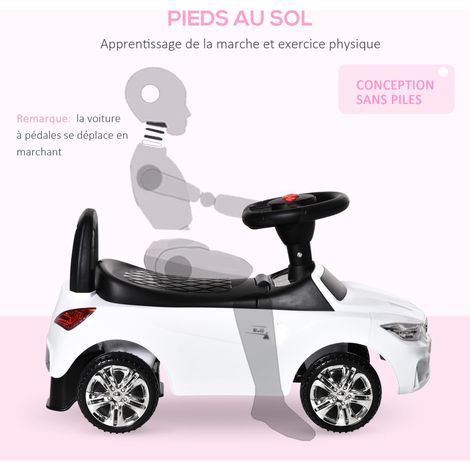 Voiture jouet Ă chevaucher pour enfants, poussette avec coffre Ă jouets, klaxon, phare et musique, dimensions : 63,5 x 28 x 36 cm, blanche. (1/5)
