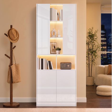 Armoire haute vitrine LED avec fenêtre acrylique, 70 x 35 x 180 cm, MDF et panneaux PB, blanc (1/5)
