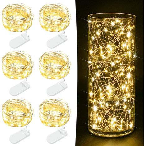 Guirnalda de luces LED de cobre con pilas (6 unidades, 2 m, 20 LED), ideal para decorar tarros de cristal, bodas, fiestas, etc., color blanco cálido. (1/4)