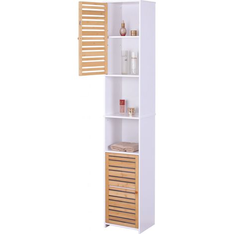 Relaxdays Badezimmerschrank, HxBxT: 190 x 34 x 29 cm, 6 Fcher, Bambus,  MDF, hoch, schmal, Bad Hochschrank, wei/natur