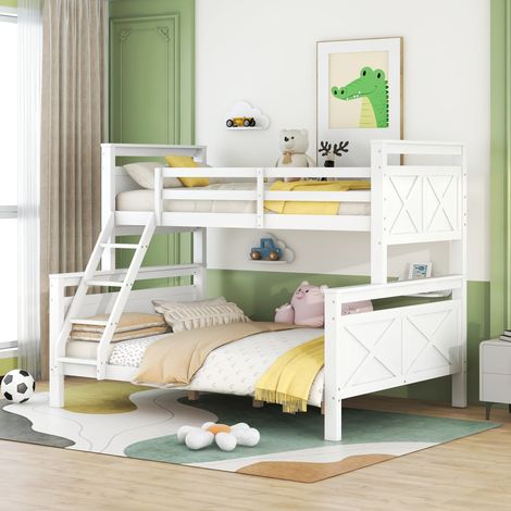 Lit superposé en bois blanc 90x200 cm, convertible en deux lits simples 140x200 cm, avec échelle et barrière de sécurité pour enfants, ados et adultes