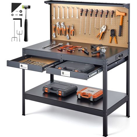 Établi Atelier Garage en Bois Massif 1200 mm, Charge Max. 110 kg, Table de Travail Bricolage avec Panneau Perforé, Tiroirs, 4 Prises de Courant et 2 Ports USB, Câble 1,5 m, 30 Crochets, LED (1/5)